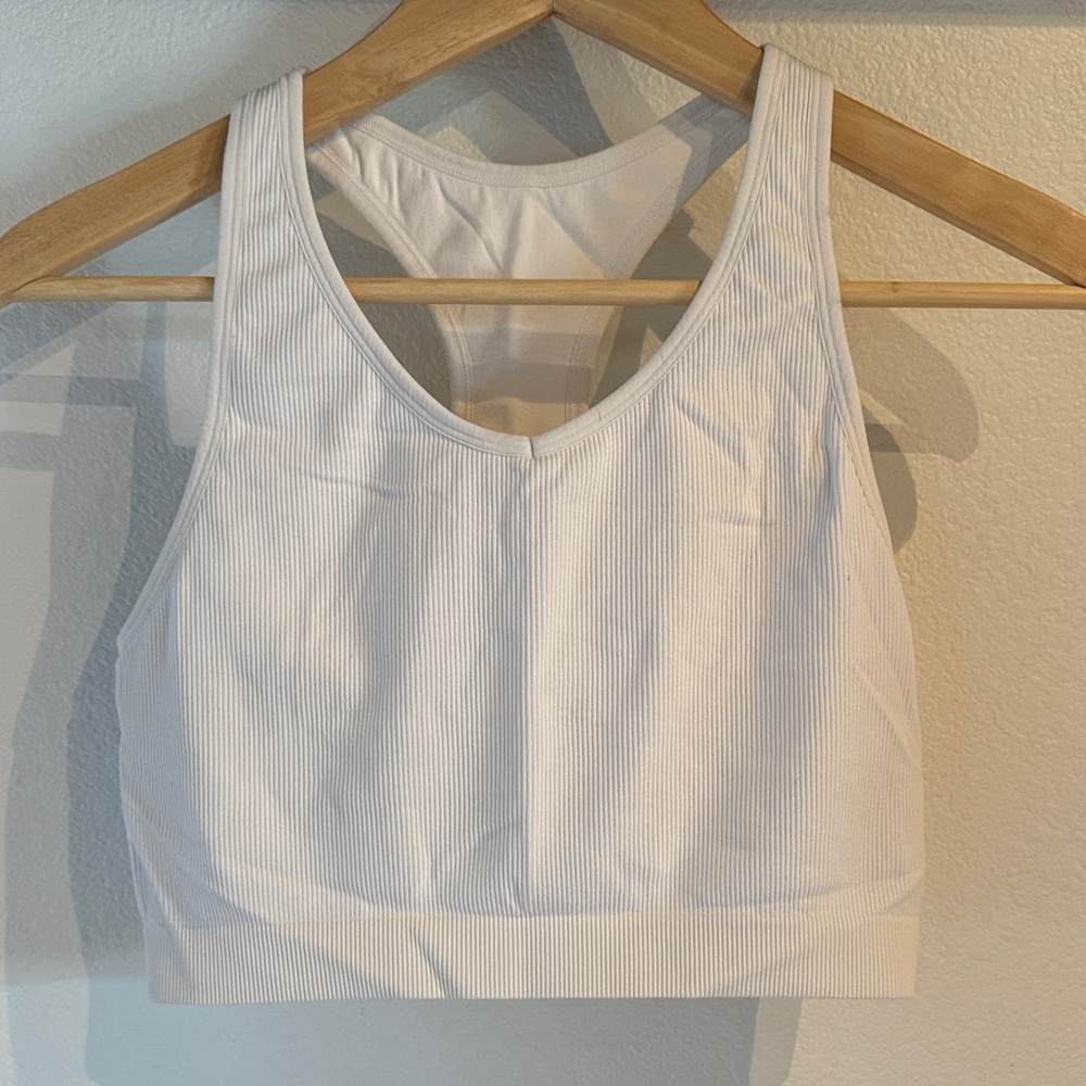 Ribbed Women's Razorback Sports Bra, Non Padded, White, Size M